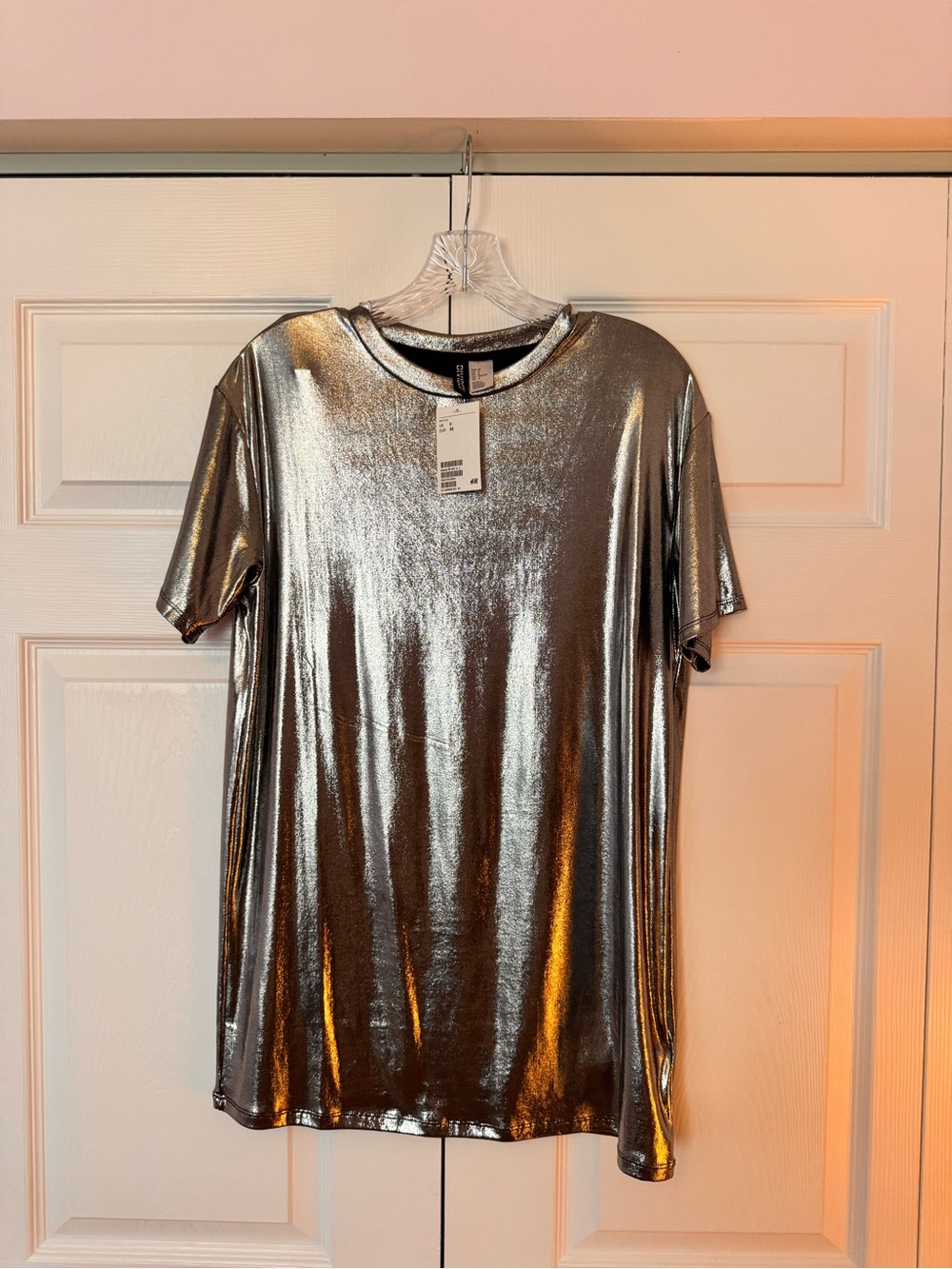 H&M- Metallic Silver Short Sleeve Shirt Mini Dress